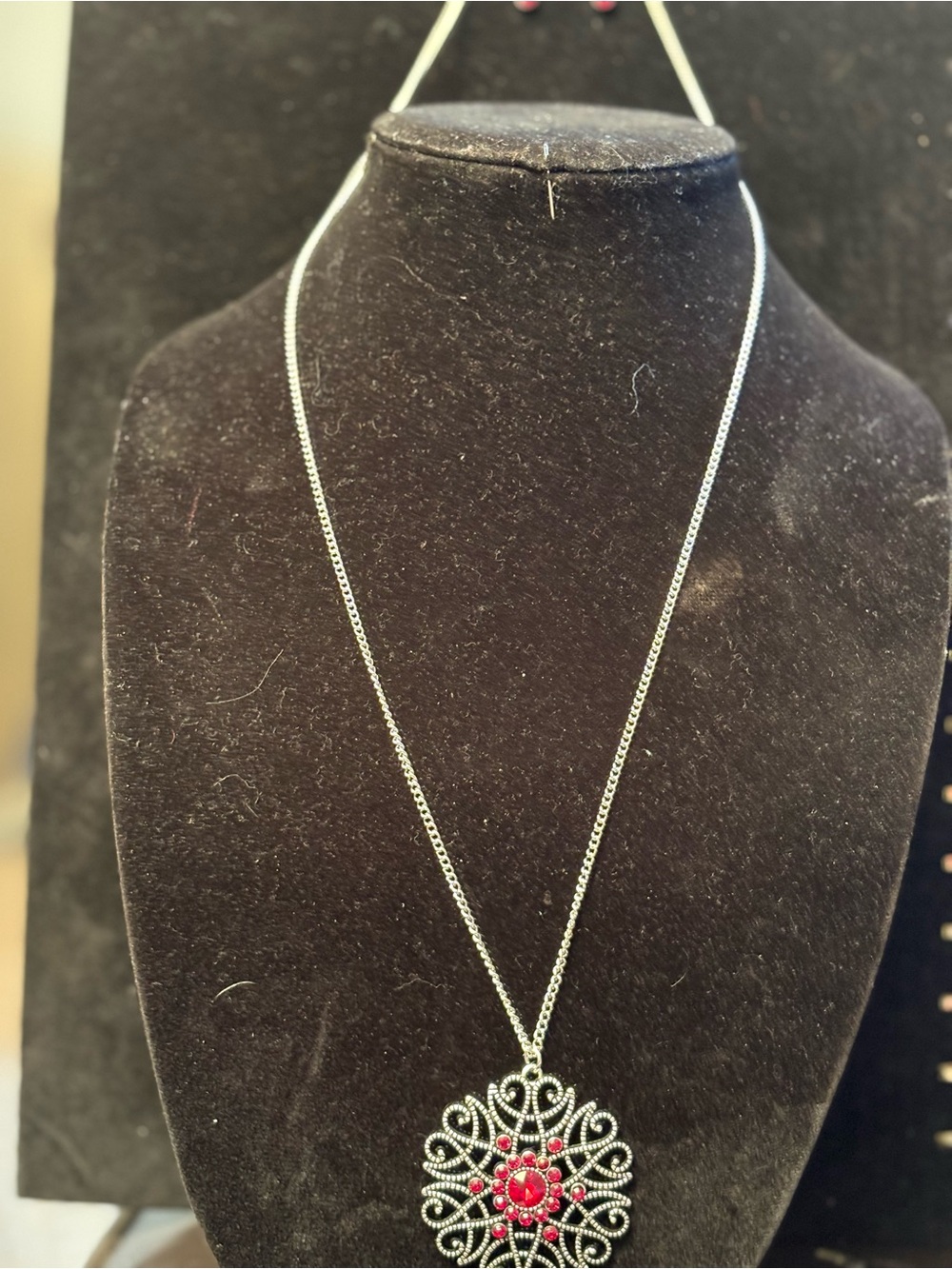 Silver-Tone Pendant Necklace with Red Gemstone Accent